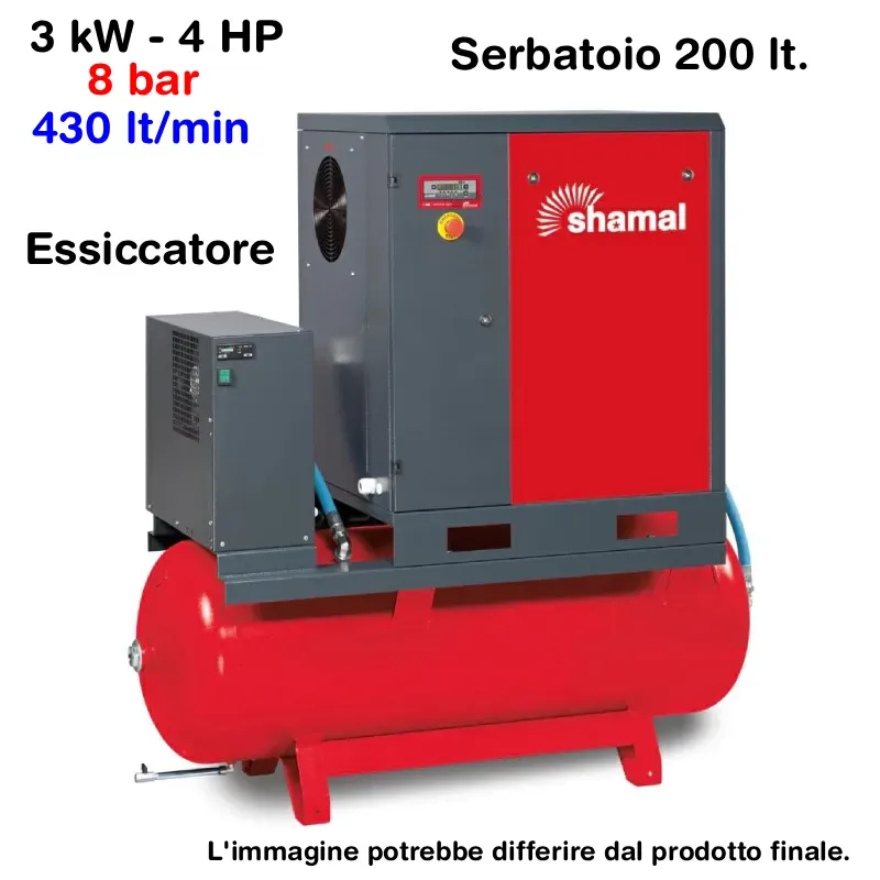Shamal GHIBLI SE 3.0-08-200 ES Compressore a Vite 4 HP 200 Litri 8 Bar V77JS72SHA672