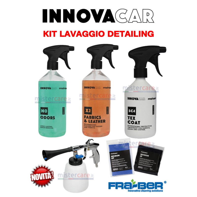 Fra-Ber - Kit prodotti INTERNI e TESSUTI auto detailing con pistola (aria compressa) pulizia interni