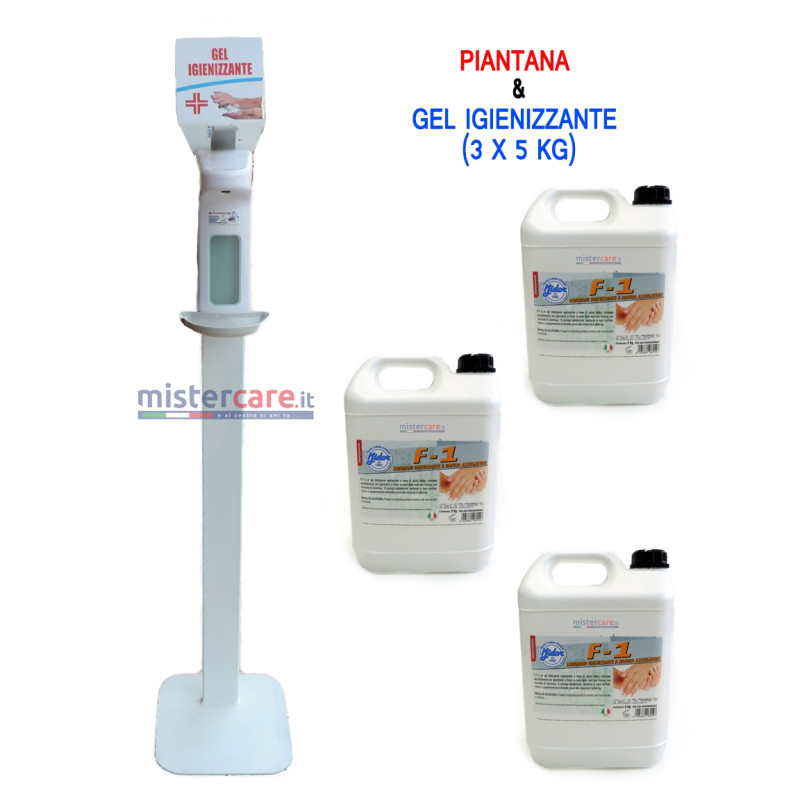 Piantana gel mani igienizzante (completa di erogatore manuale con push a gomito) + 3 taniche (5 Kg cad.) di gel igienizzante "Mi